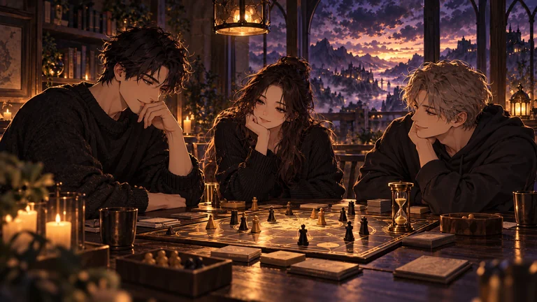 Illustrazione anime di tre amici adulti attorno a un gioco da tavolo, con pedine e una clessidra dorata in una stanza illuminata da luce calda.