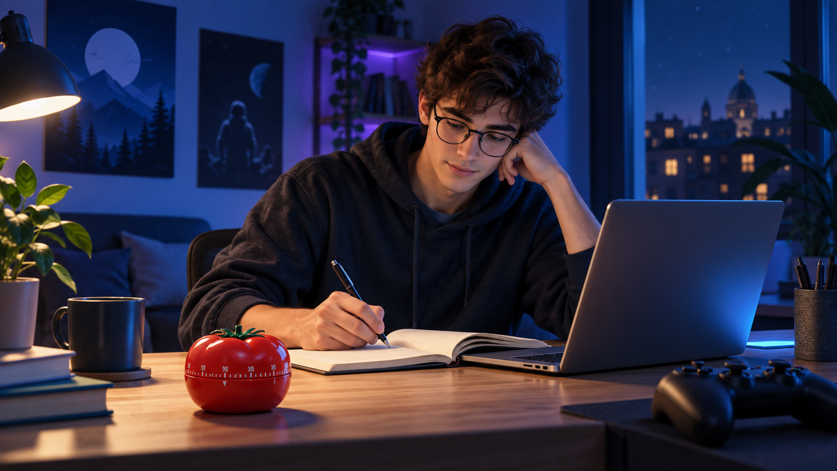Una scrivania da studio con timer, quaderno aperto e una breve lista di obiettivi