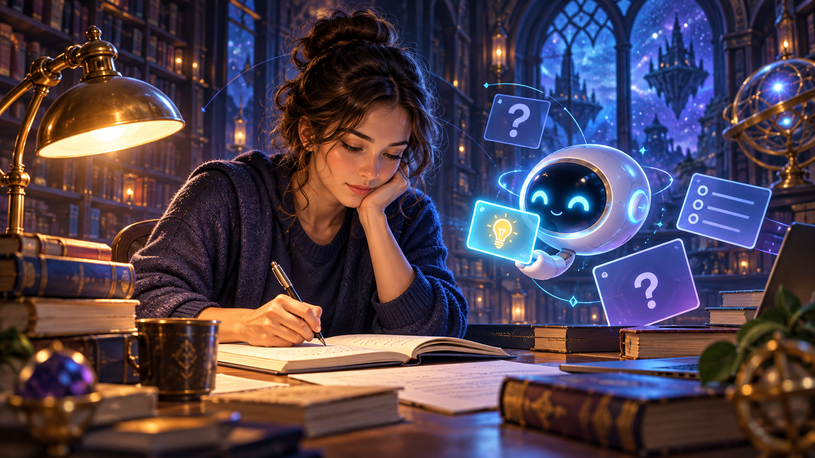 Una studentessa scrive sul quaderno mentre un assistente digitale le offre un indizio.
