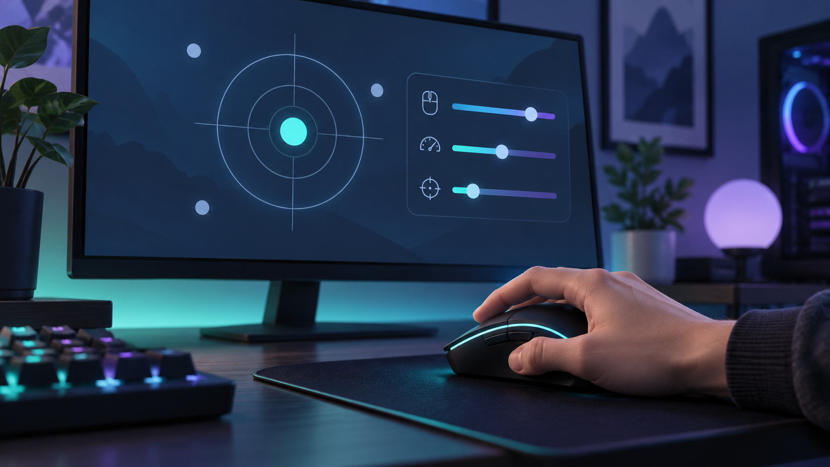Una persona prova la sensibilità del mouse in uno sparatutto al computer