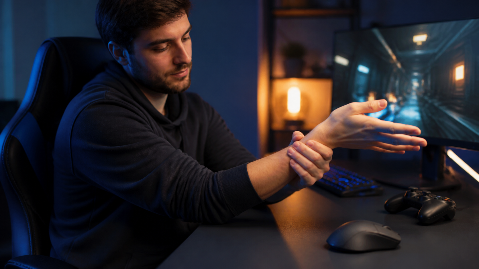 Giocatore che allunga polso e avambraccio davanti a mouse e controller