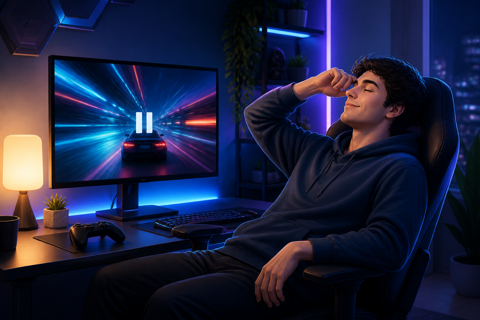 Giocatore che fa una pausa per ridurre la nausea da videogiochi