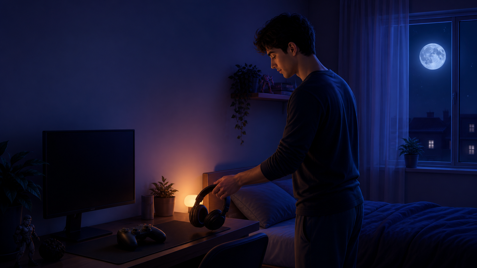 Persona che chiude una sessione di gioco serale per prepararsi al sonno